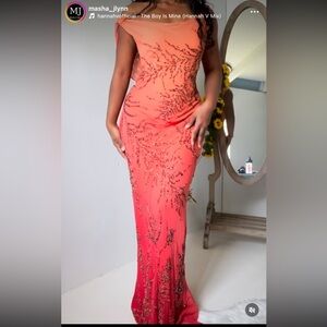 Vintage off the shoulder ombré peach/red embroidered gown. Open back cowl neck